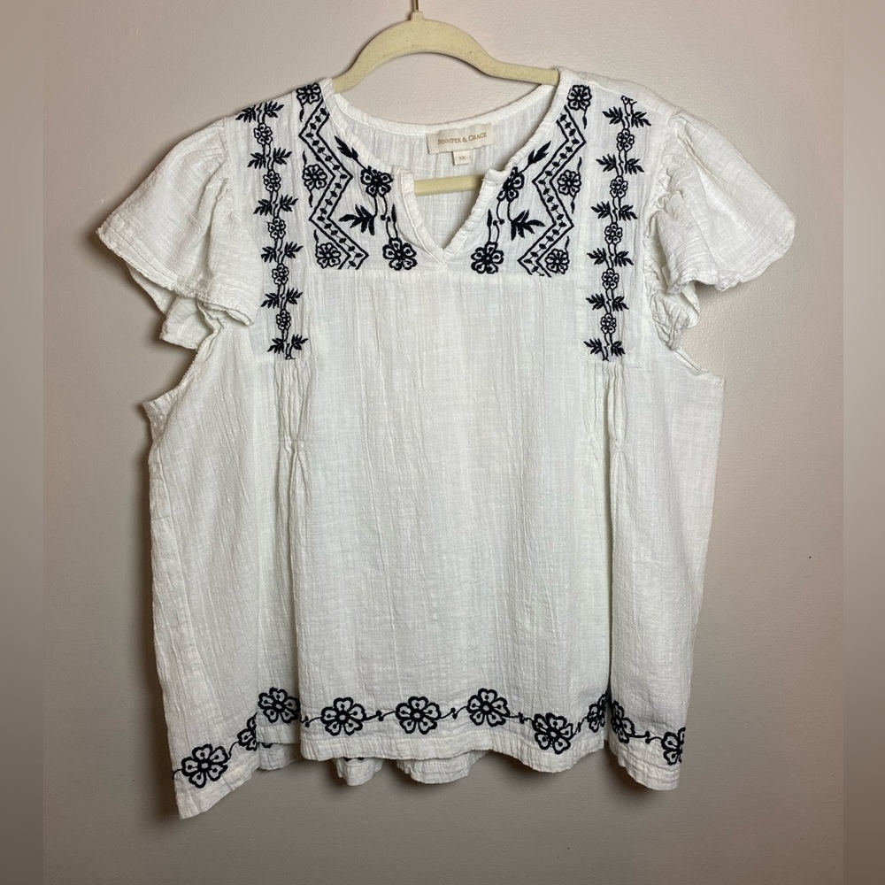 Jennifer & Grace Black & White Embroidered Short Sleeve Boho Top 1XL Ruffle EUC